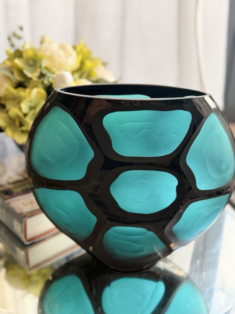 Vintage Murano Battuto Eclectic Glass Vase Turquoise Black Italian Art Glass